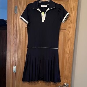 Navy Polo Dress with White trim and pleated skirt